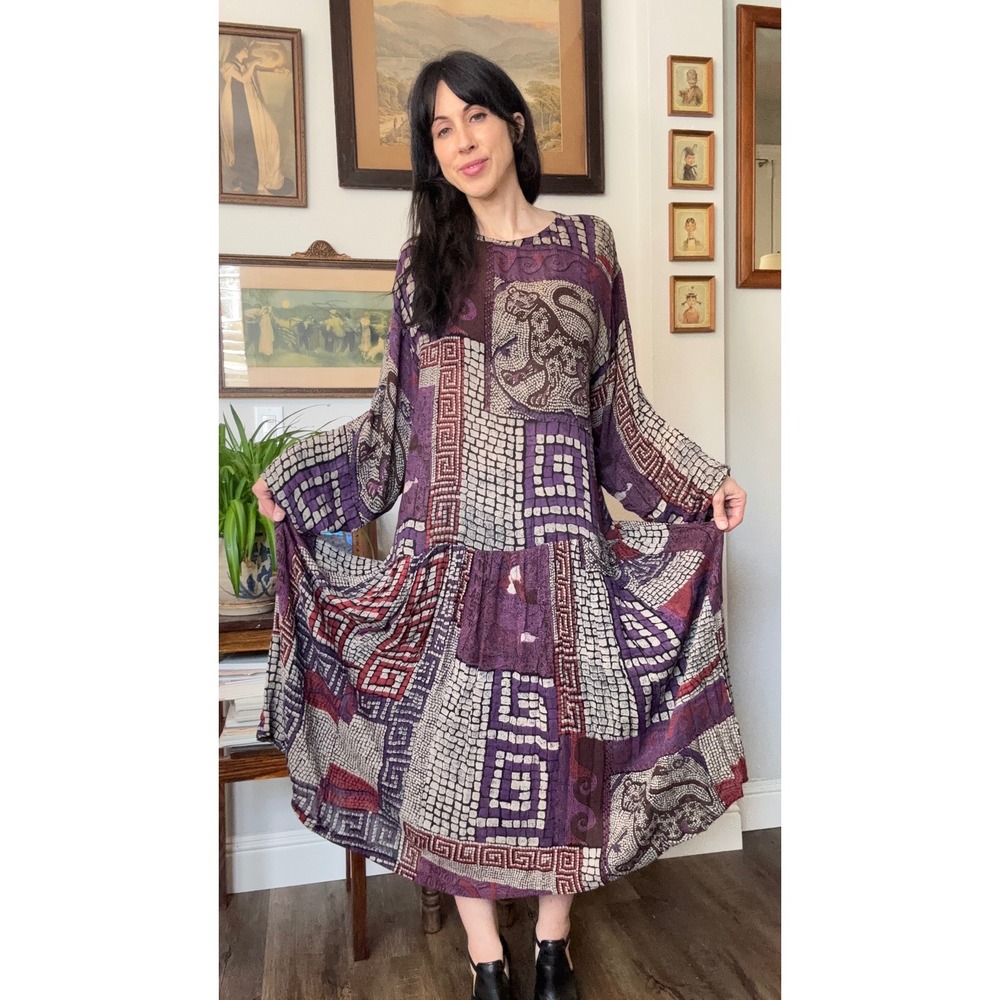 Vintage 80s 90s Mosaic Print Drop Waist Midi Dress Leopard Mythical novelty